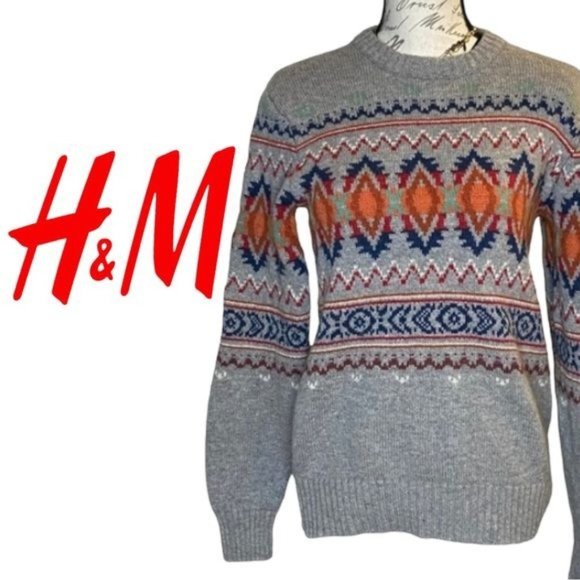 H&M LOGG Sweater Fair Isle Crew Neck Sweater Gray Blue Orange S - Picture 2 of 16